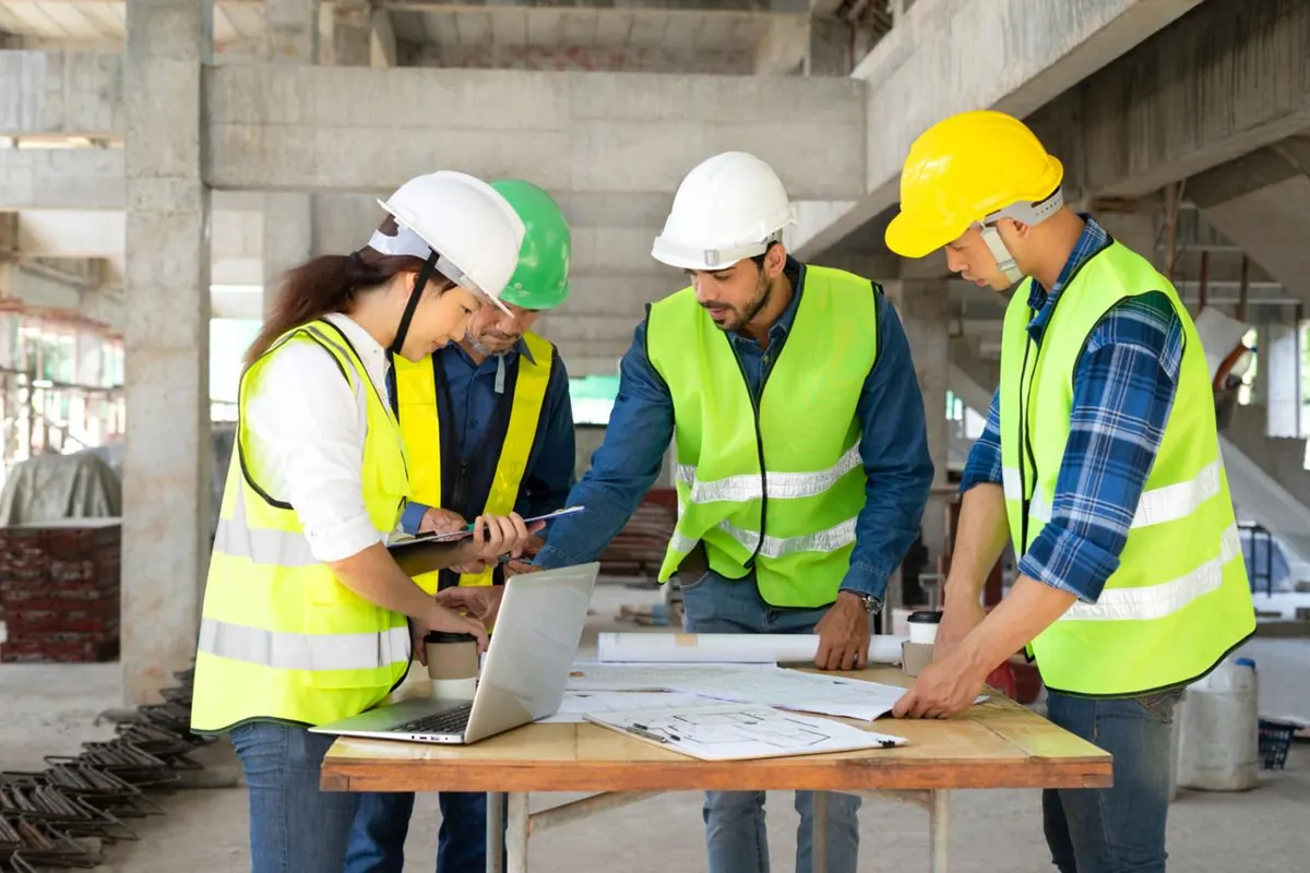 Team bespricht Plaene auf einer Baustelle