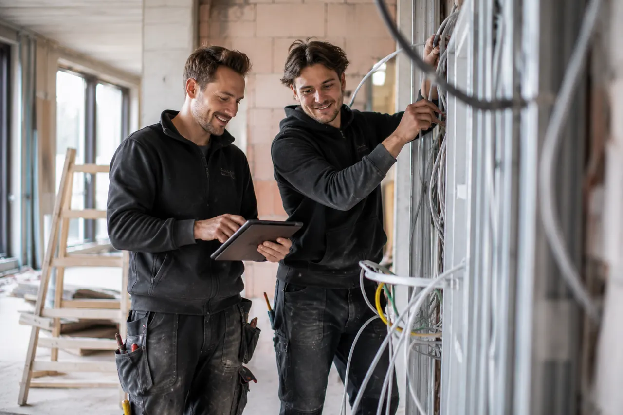 Zwei Handwerker stimmen Elektroarbeiten auf einer Baustelle ab