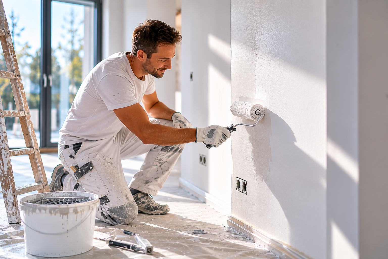 Maler arbeitet in einem hellen Innenraum
