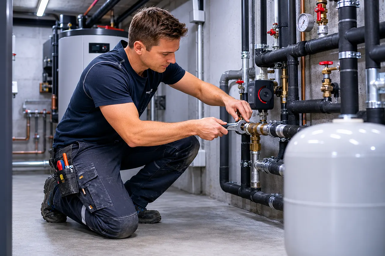 Handwerker arbeitet an technischen Leitungen